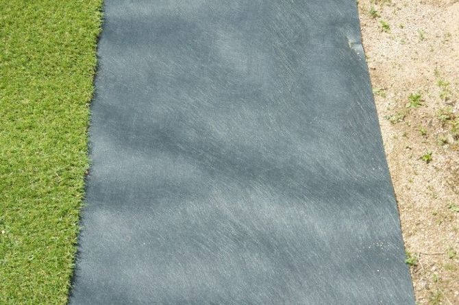 Blue walkway between green grass and beige dirt