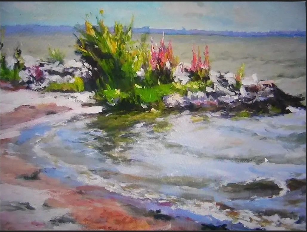 A painting of a small island in the middle of the ocean
