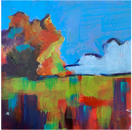 A colorful painting of a field with trees and clouds in the sky.