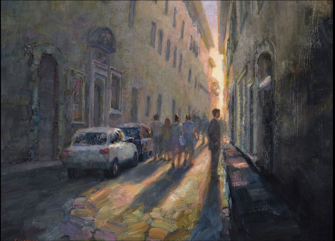 A painting of a group of people walking down a city street.