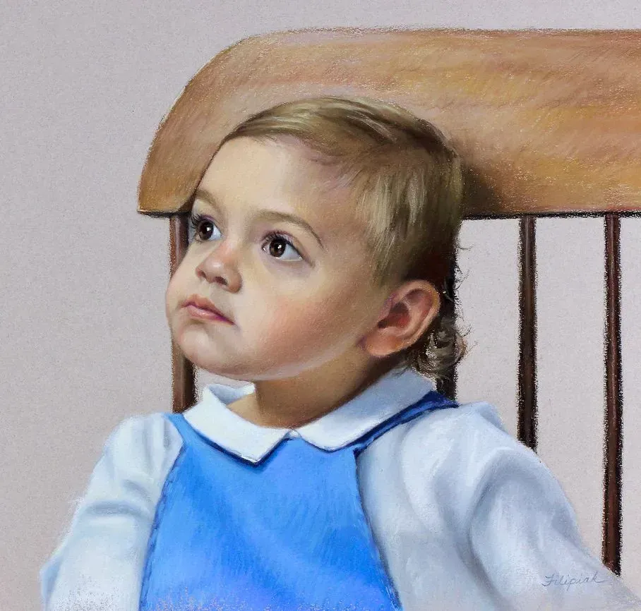 A painting of a little boy sitting in a chair
