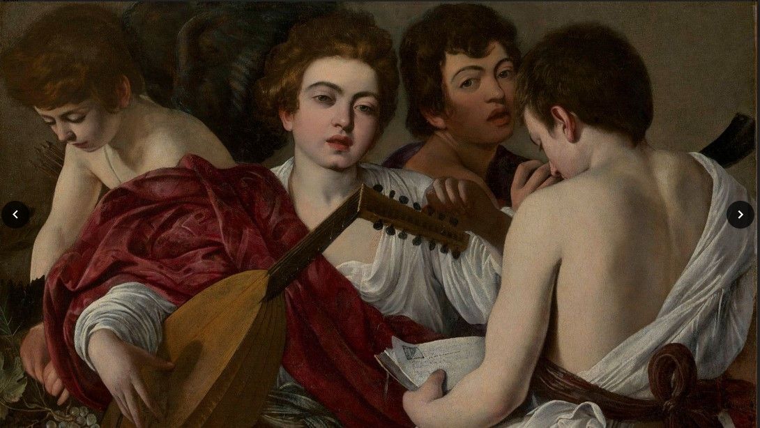 A group of people are playing musical instruments in a painting.