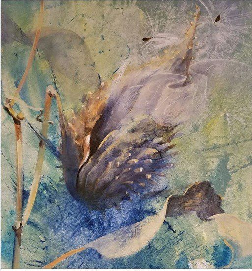 A painting of a blue flower on a green background