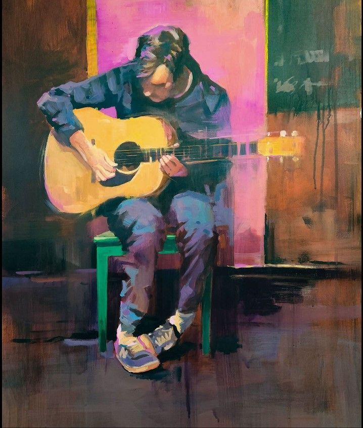A painting of a man playing an acoustic guitar