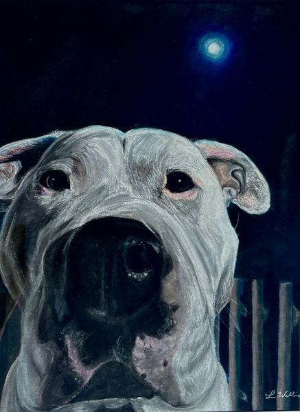 A close up of a white dog looking at the camera with a full moon in the background.