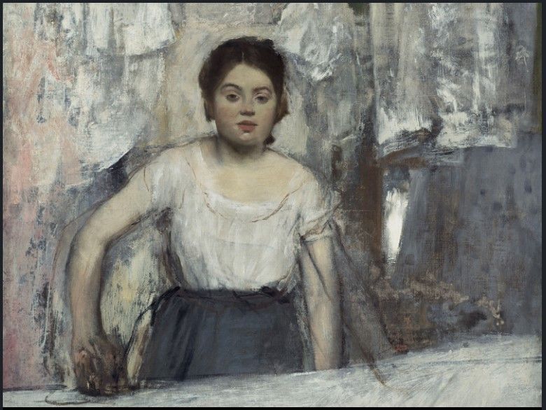 A painting of a woman sitting at a table in front of a window.