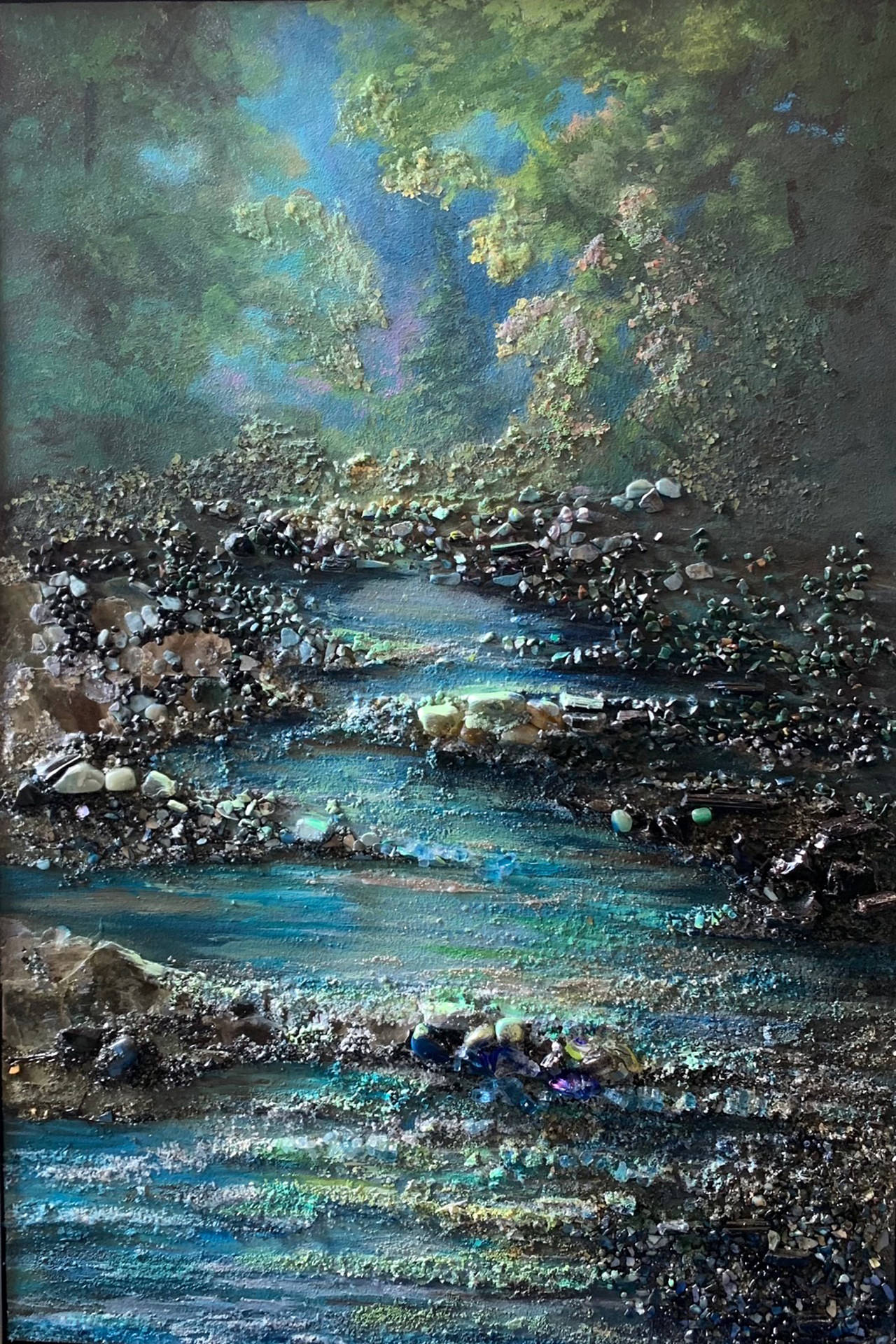 A painting of a river surrounded by rocks and trees.