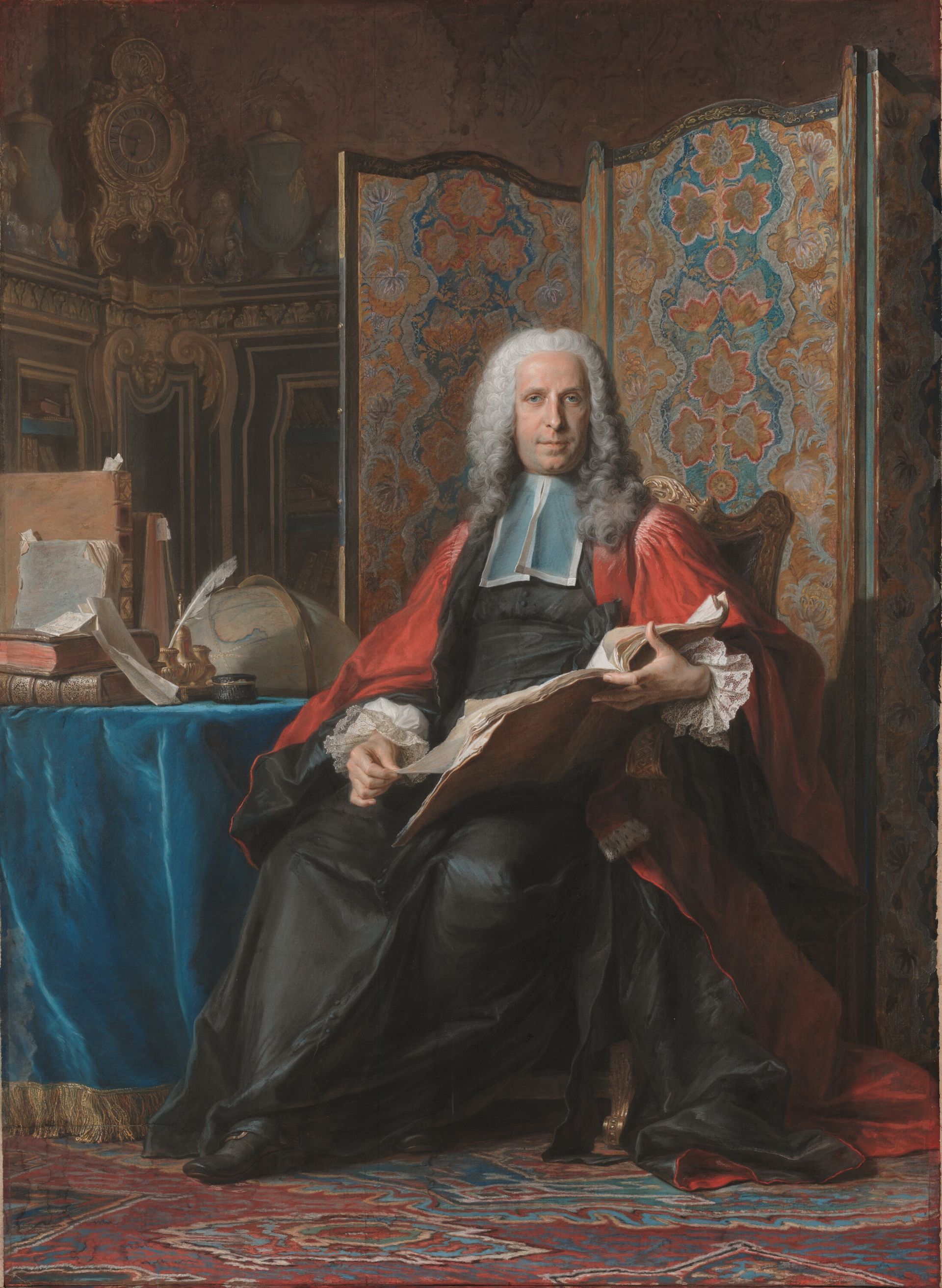 A painting of a man sitting in a chair reading a book.