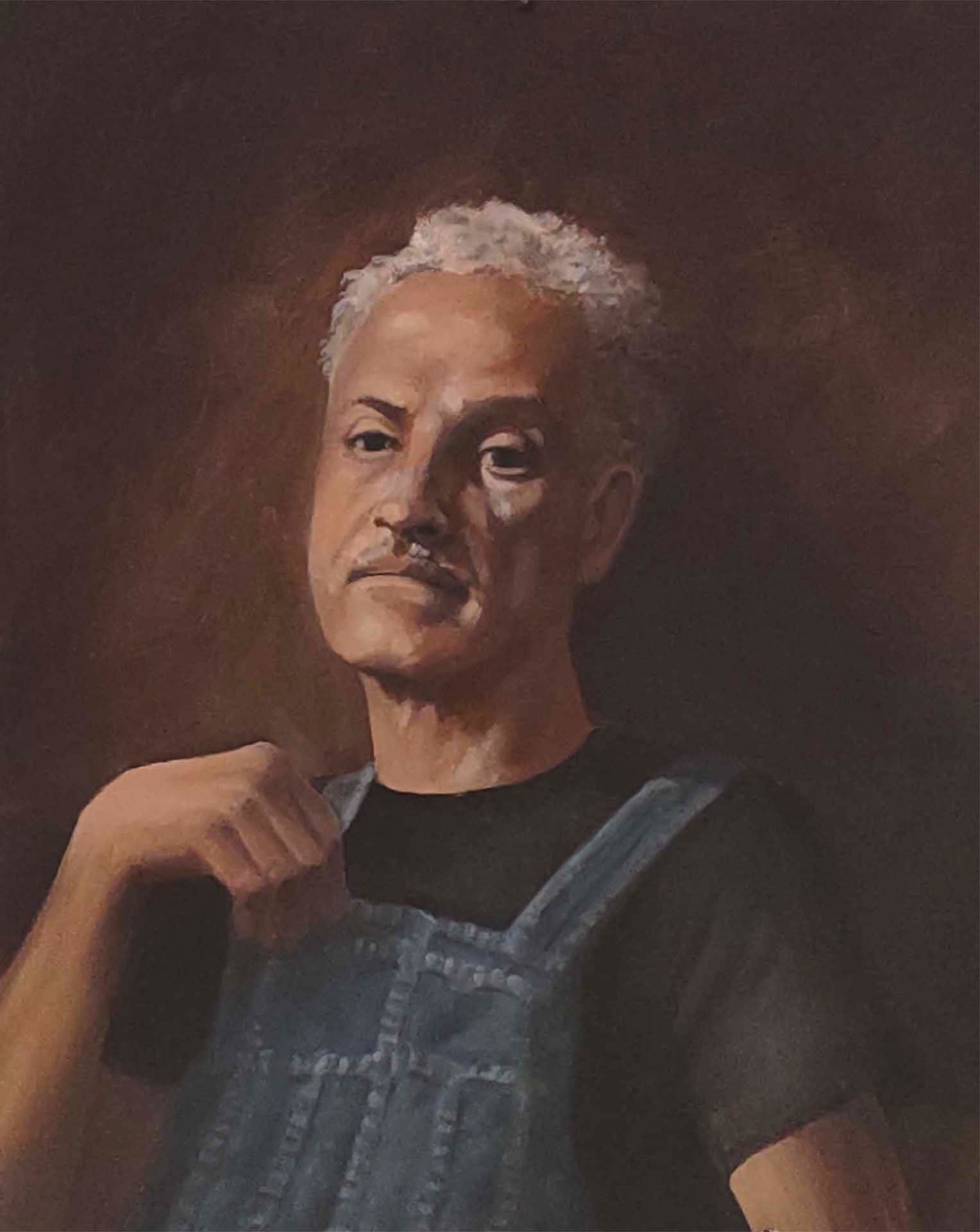 A painting of a man wearing overalls and a black shirt