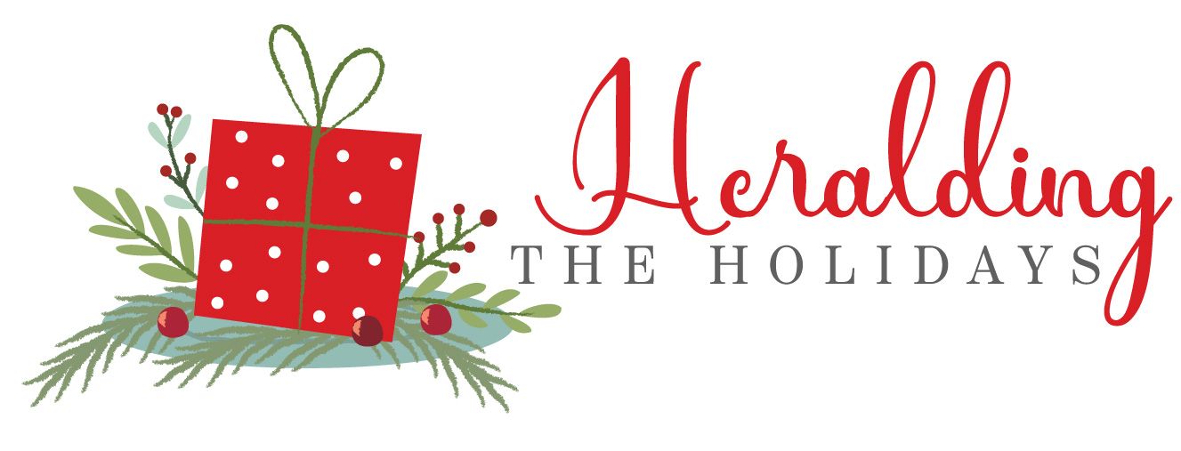A logo for heralding the holidays with a red gift box and berries.