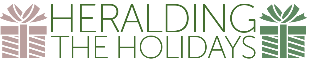 A logo for heralding the holidays with a red gift box and pine branches.
