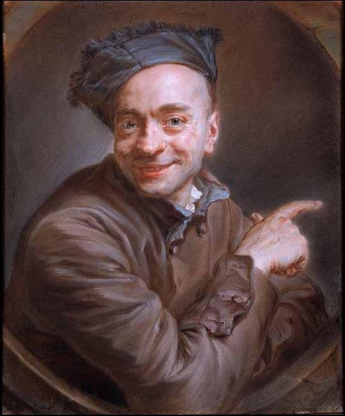 A painting of a man pointing at something