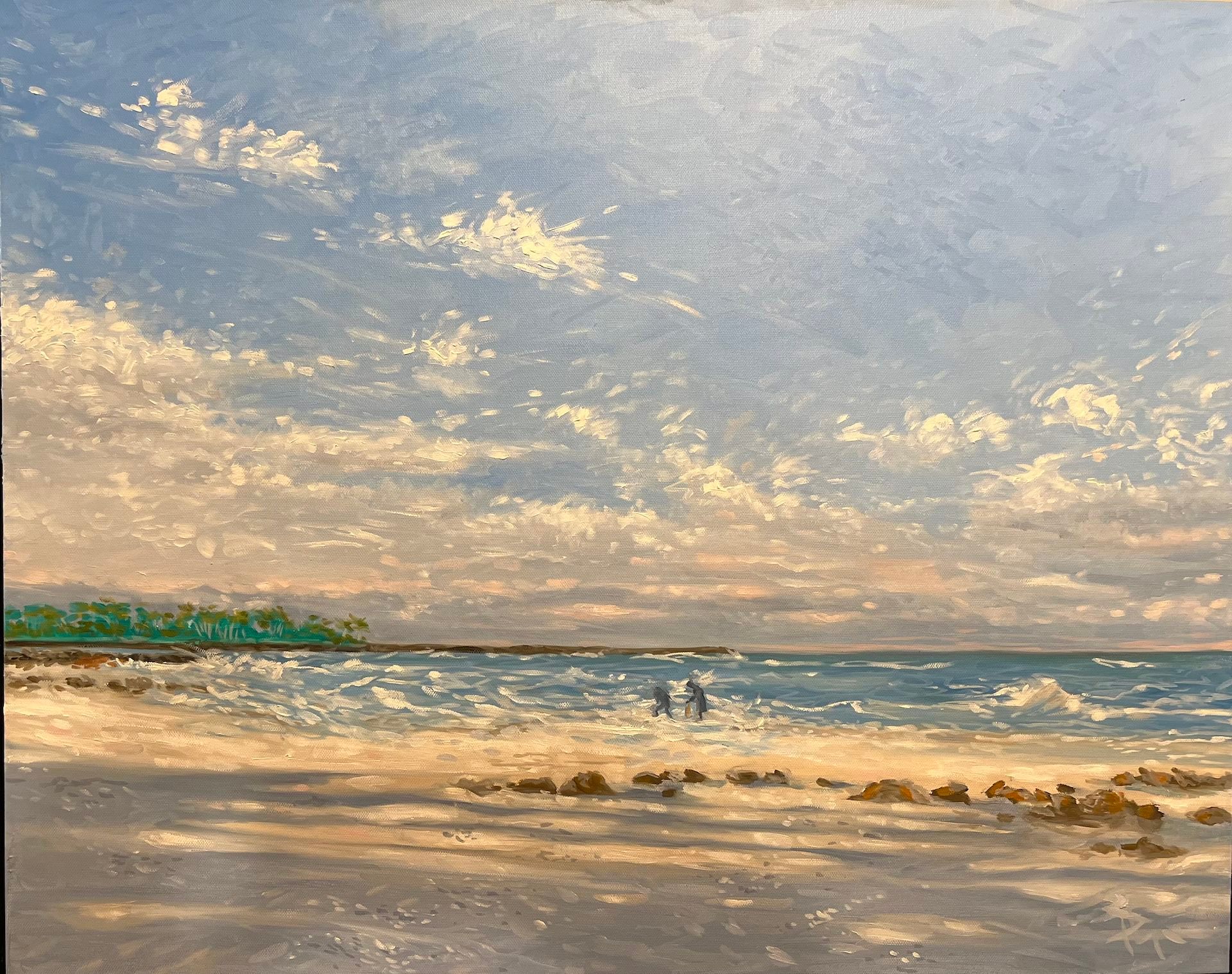 A painting of a beach with a blue sky and clouds