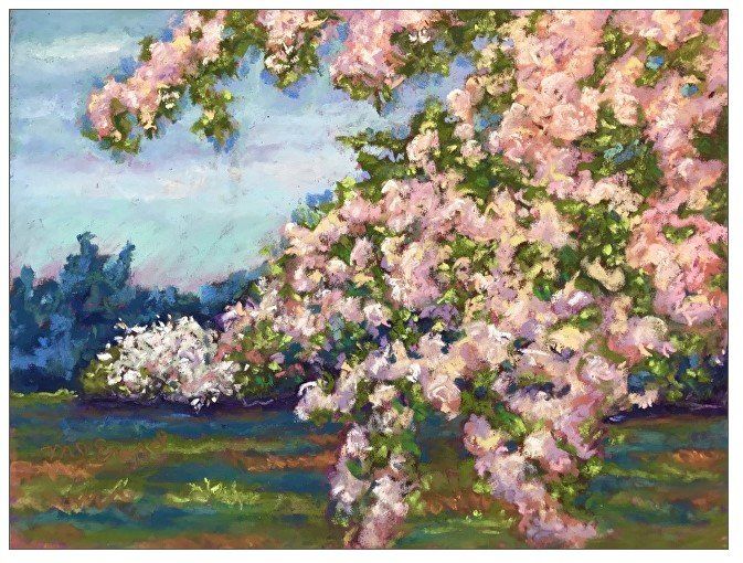 A painting of a tree with pink flowers in a field.