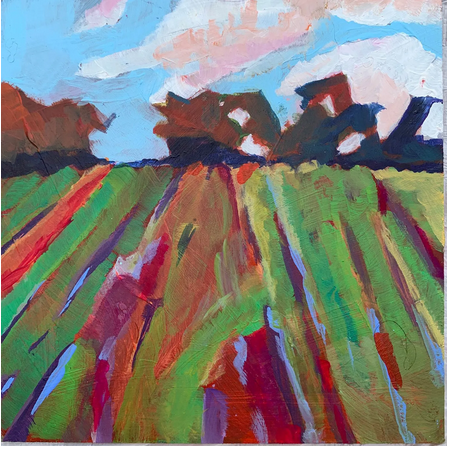 A colorful painting of a field with trees in the background