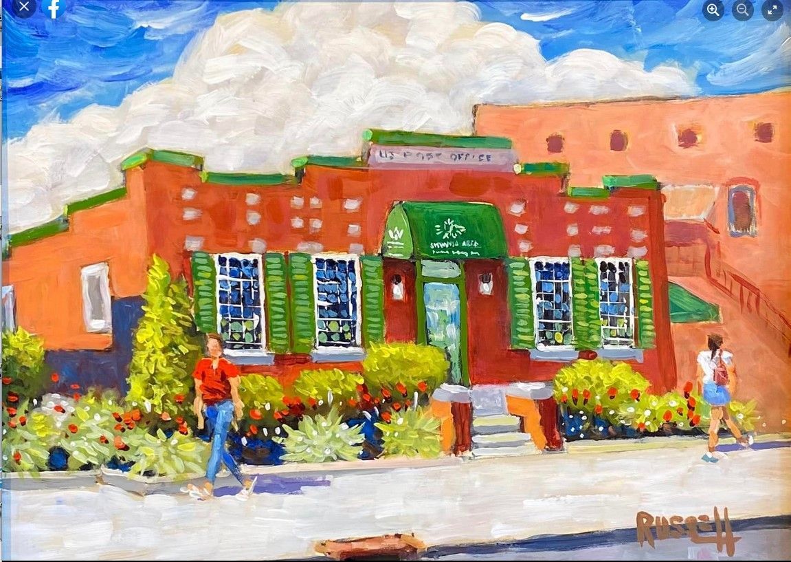 A painting of a brick building with green shutters