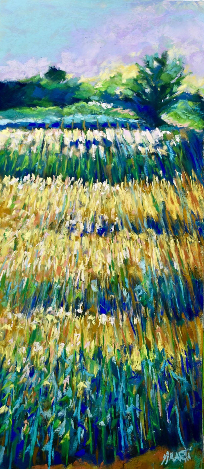 A painting of a field of tall grass with a tree in the background.