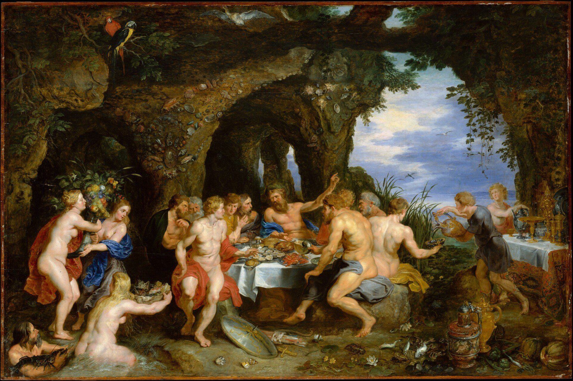 A painting of a group of people standing around a table