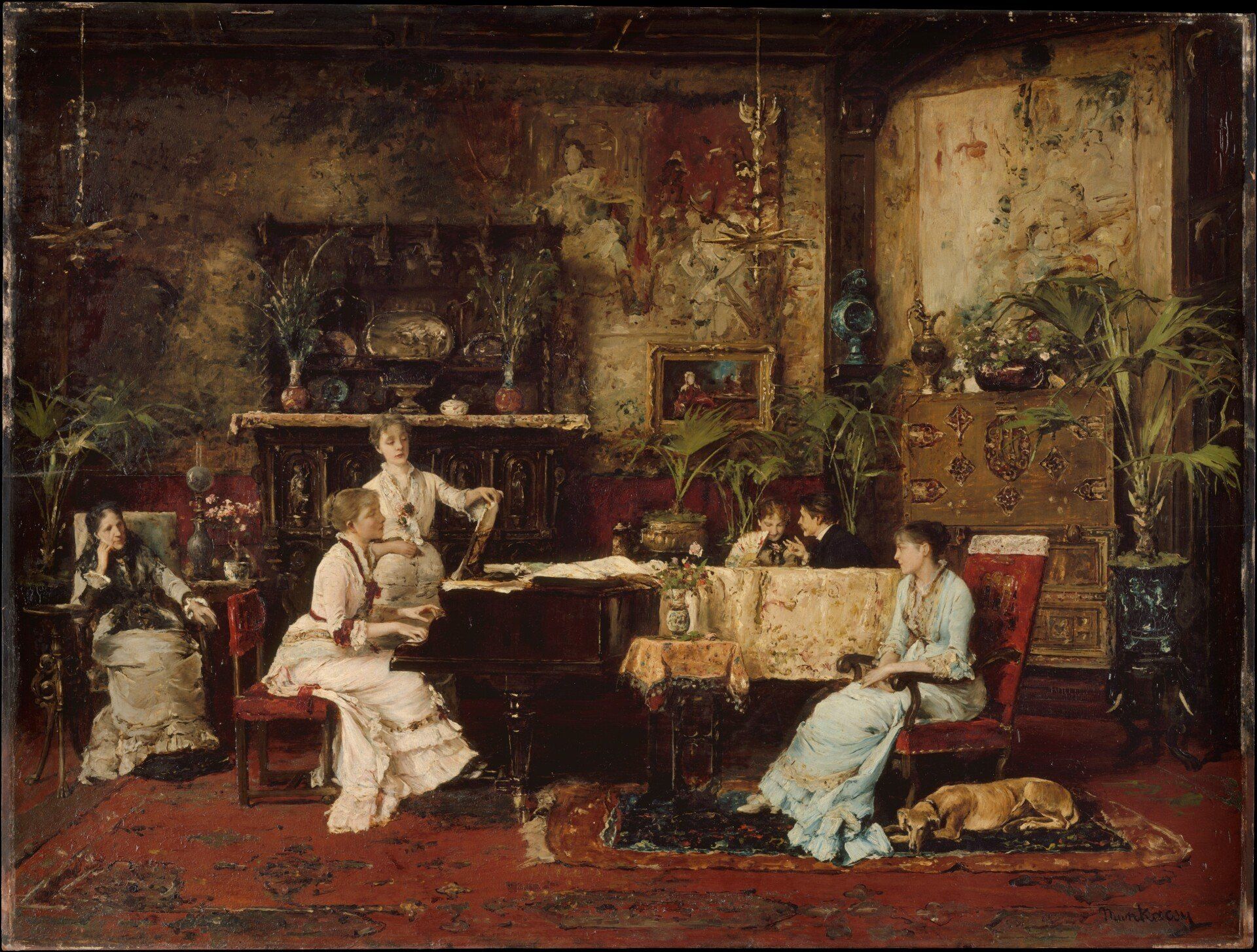 A painting of a group of women sitting around a piano