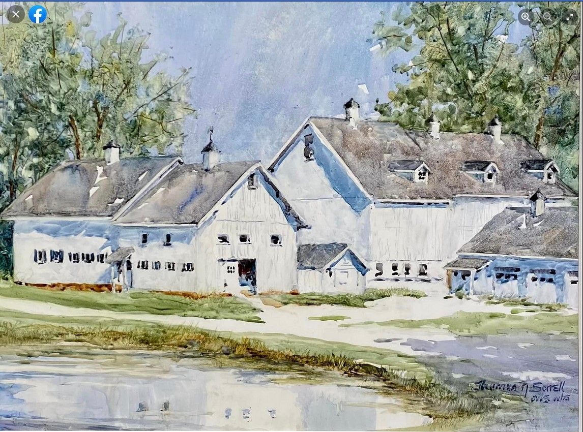 A watercolor painting of a white barn with a pond in front of it.