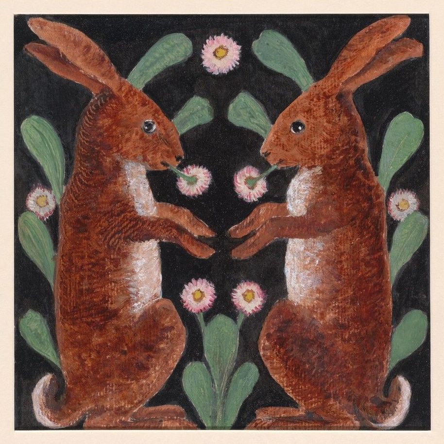 A painting of two brown rabbits standing next to each other