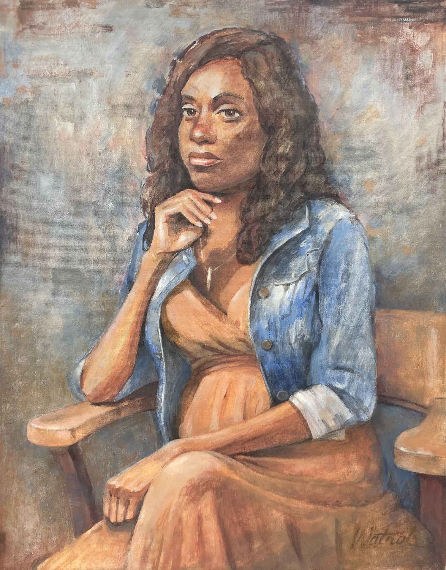 A painting of a woman sitting in a chair with her hand on her chin.