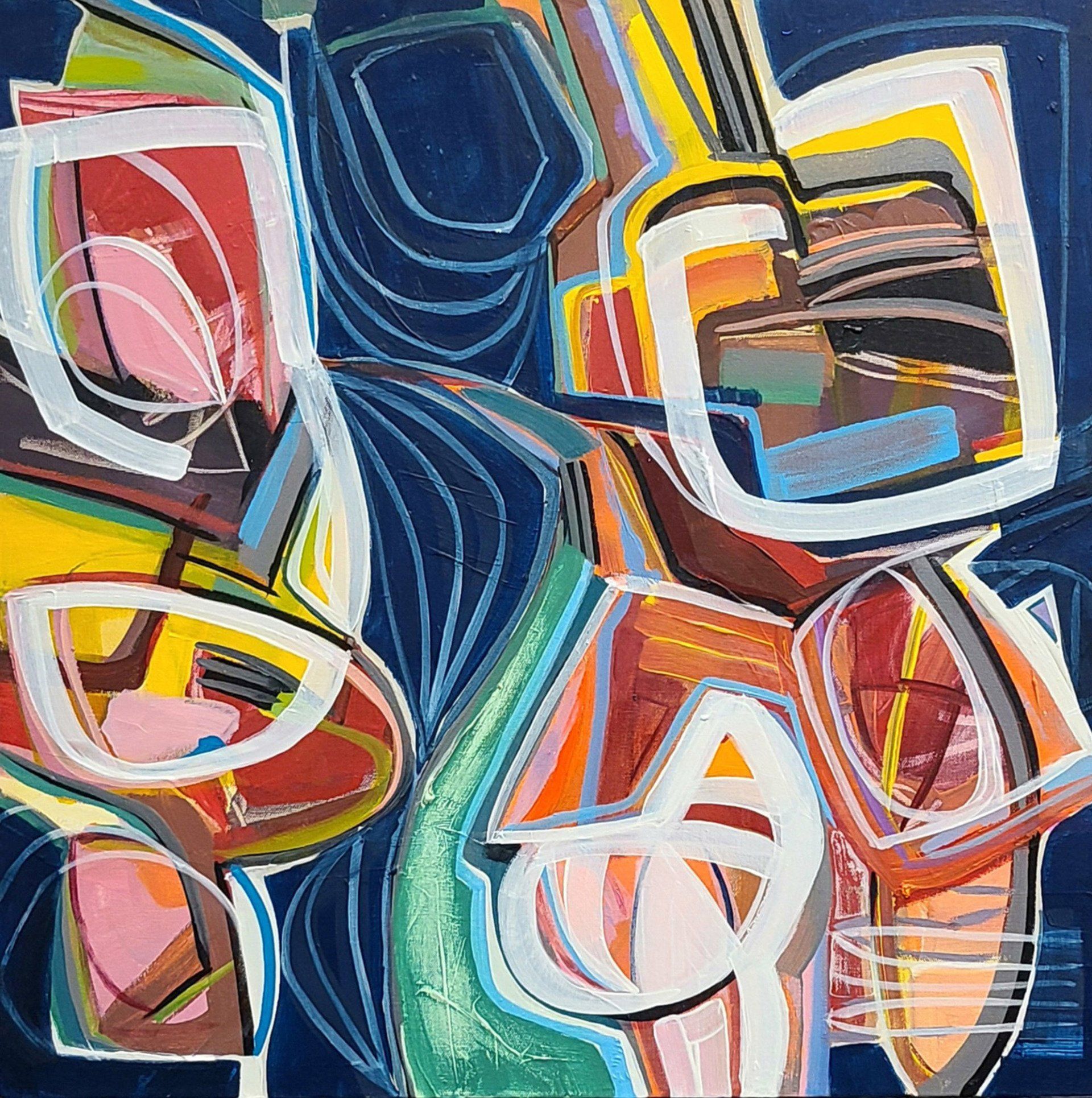 a colorful abstract painting on a dark blue background