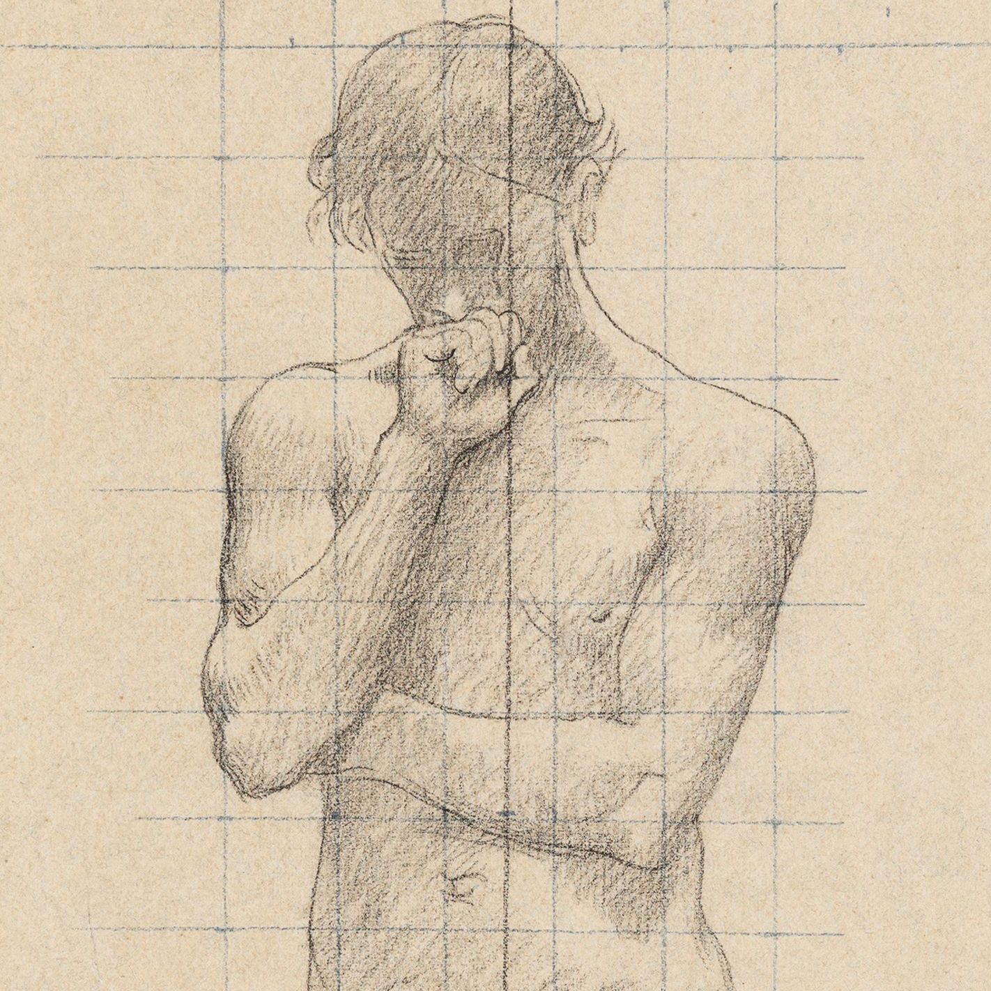 A drawing of a man with his hand on his chin