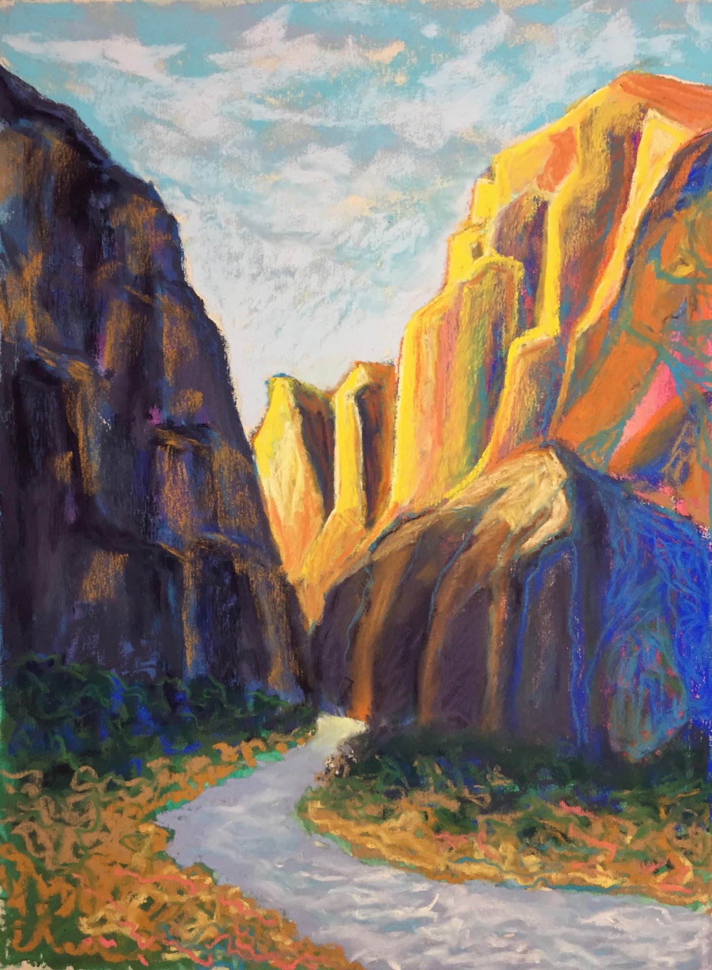 A painting of a road going through a canyon with mountains in the background.