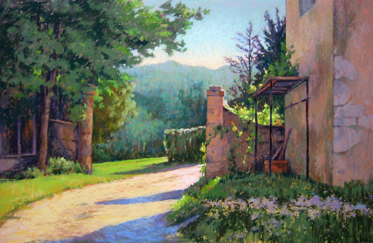 A painting of a dirt road leading to a building surrounded by trees.