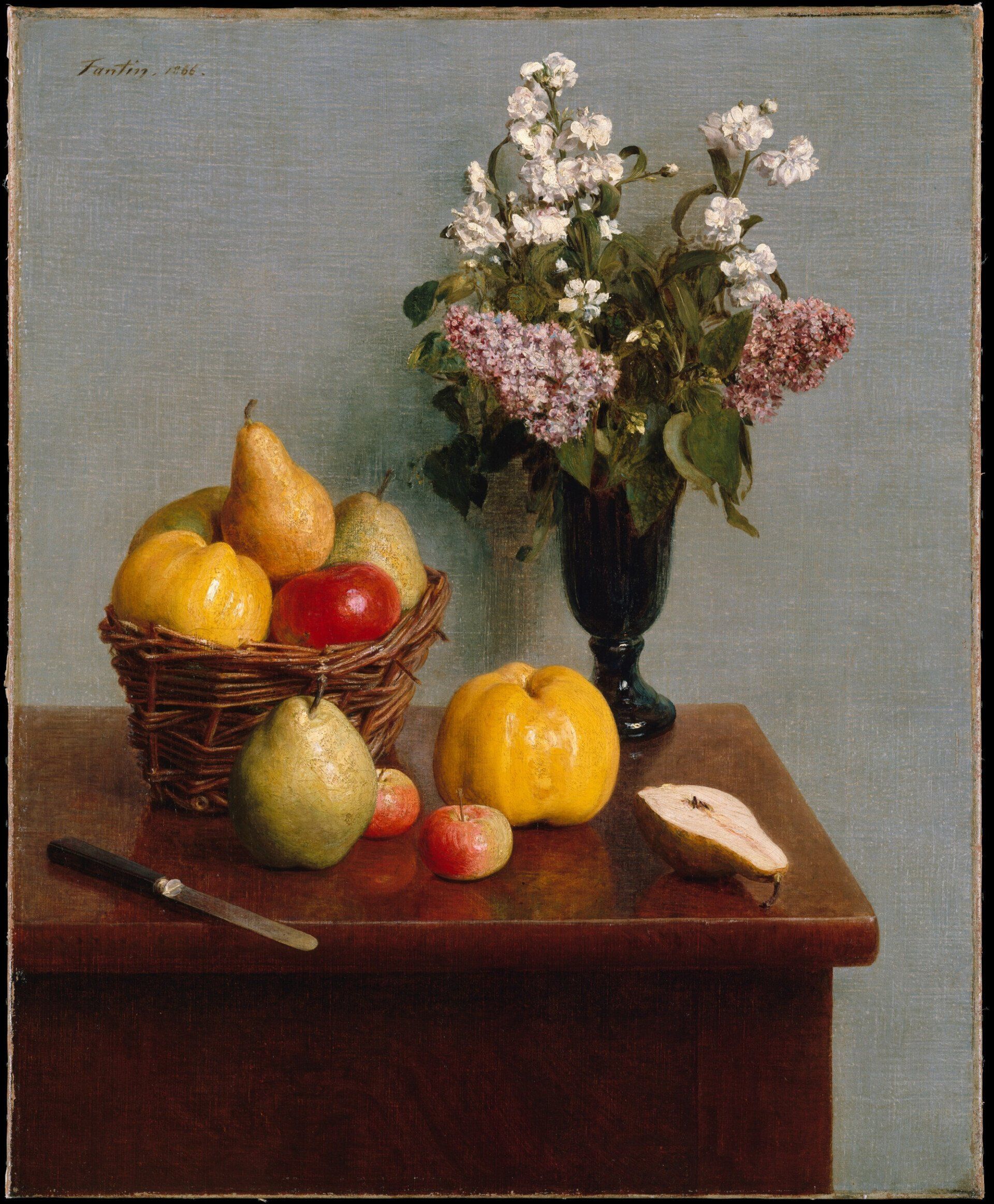 A painting of fruit and flowers on a table