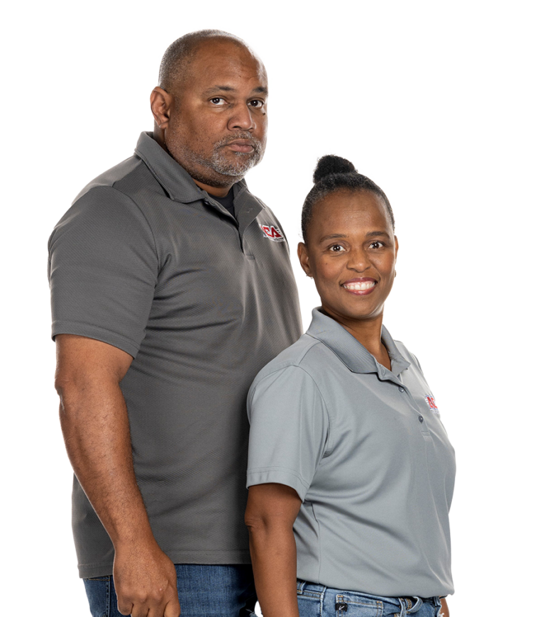 A man and a woman standing next to each other on a white background