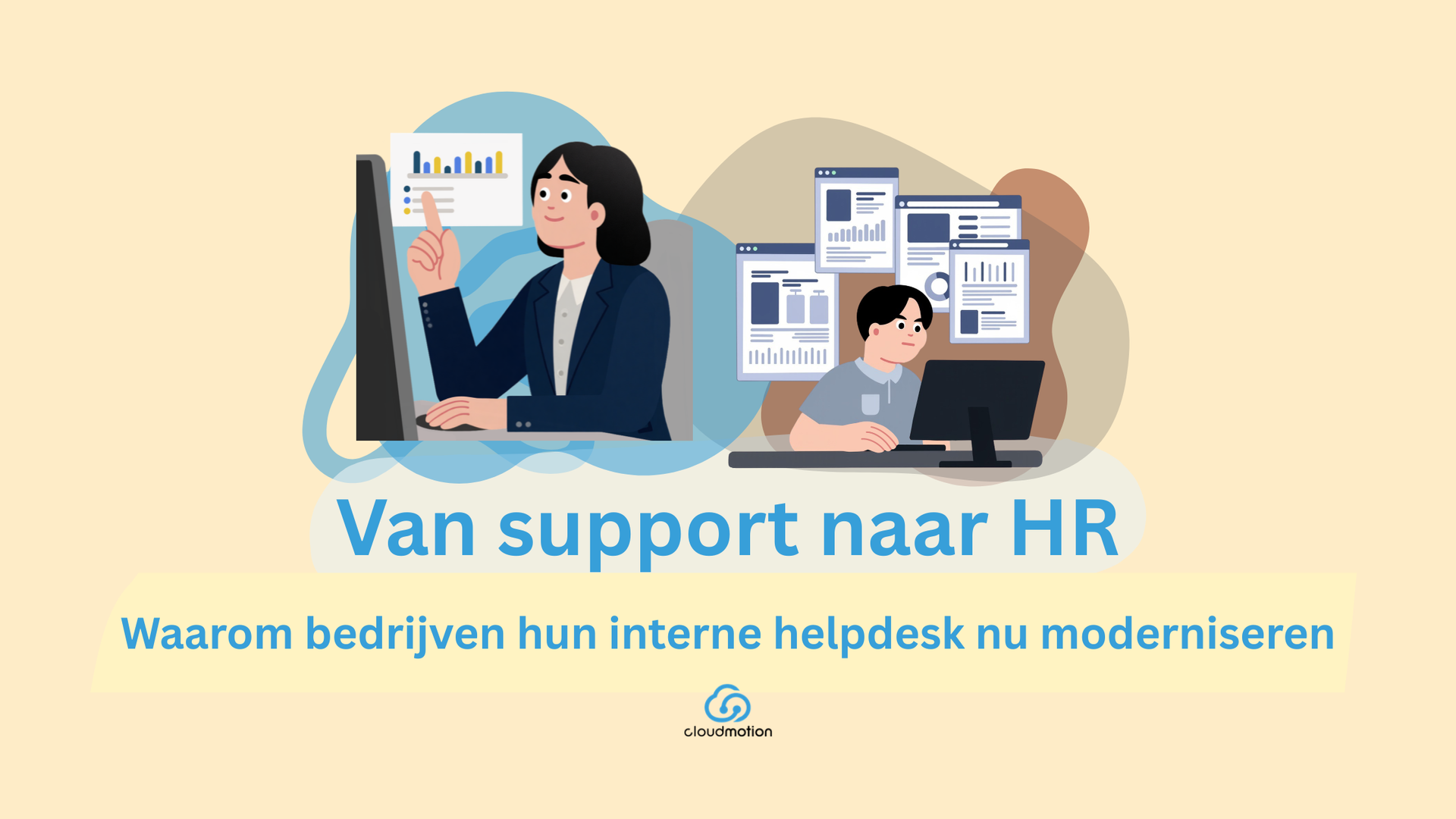 Illustratie over de modernisering van interne HR-support met een digitale helpdesk en selfservice