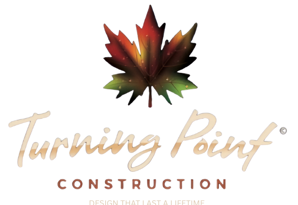 Logo for Turning Point Construction: Maple leaf above script text "Turning Point" and "Construction".