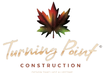 Logo for Turning Point Construction: Maple leaf above script text "Turning Point" and "Construction".