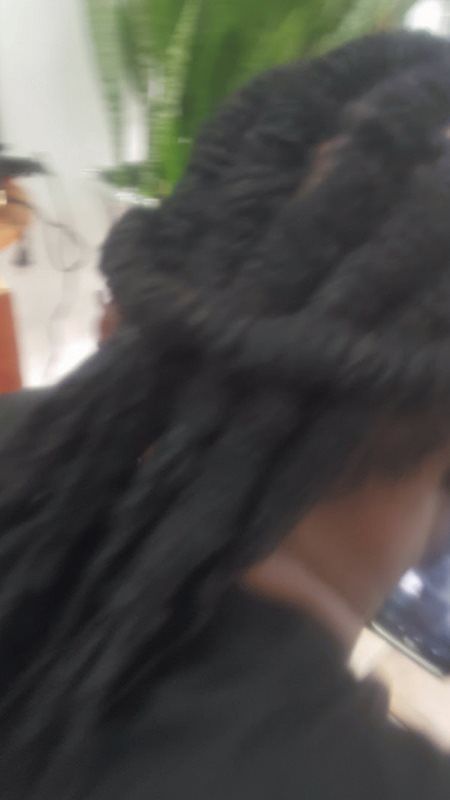 Person with long dark braided hair viewed from behind in an indoor setting