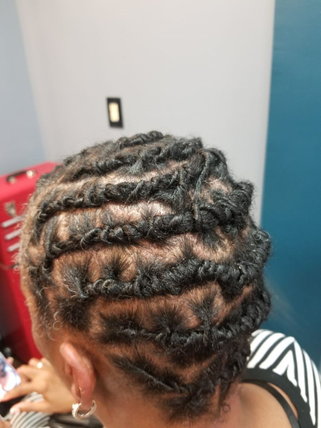 Close-up of braided hair styled in neat rows with a spiral pattern at the crown.