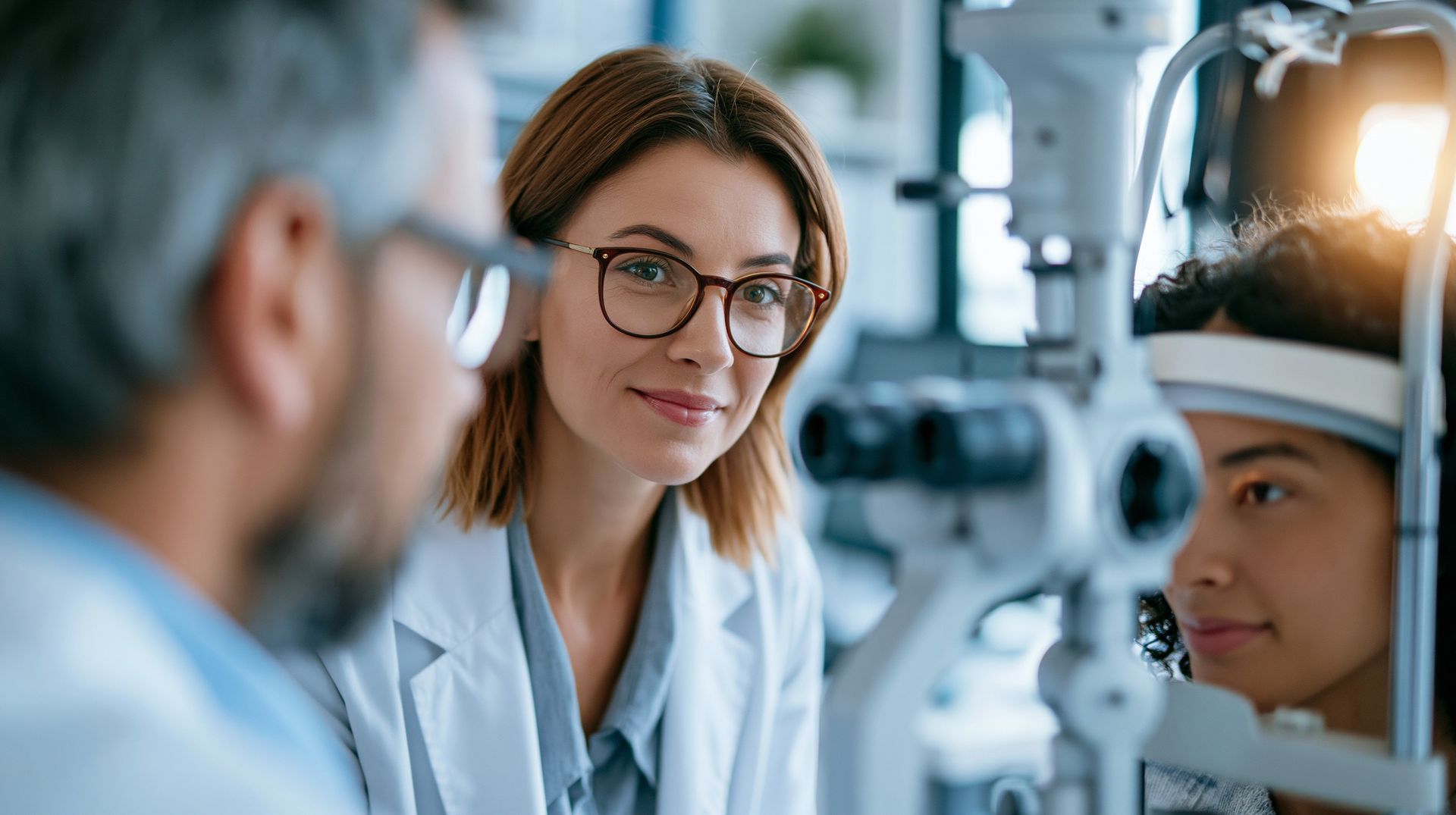 Faceless eye doctor examines patient's vision with mother in brightly lit office, vision testing, eye examination. Faceless eye doctor examines patient's vision with mother in brightly lit office, vision testing, eye examination.