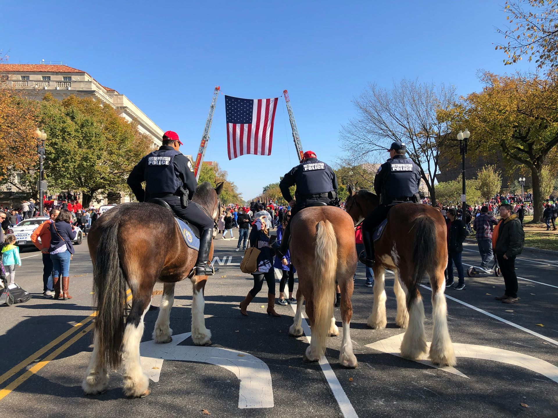 A group of volunteers are riding horses down a street.