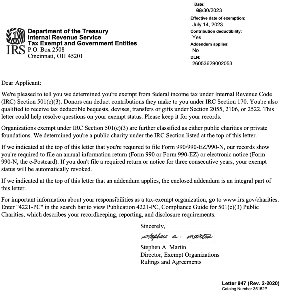 IRS 501-c-3 designation