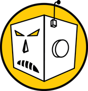 A cartoon drawing of a box with a face on it in a yellow circle.