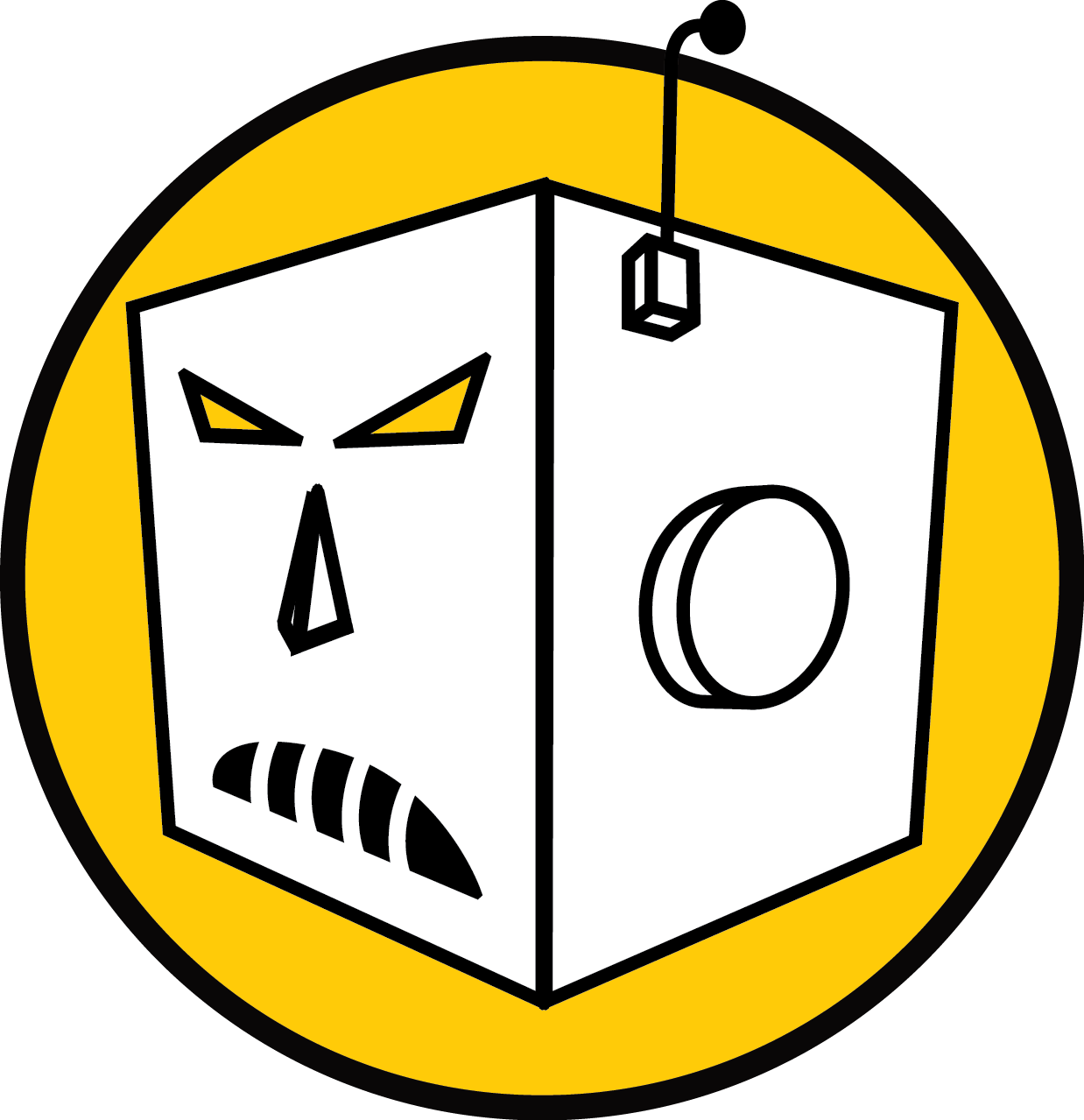 A cartoon drawing of a box with a face on it in a yellow circle.