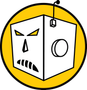 A cartoon drawing of a box with a face on it in a yellow circle.