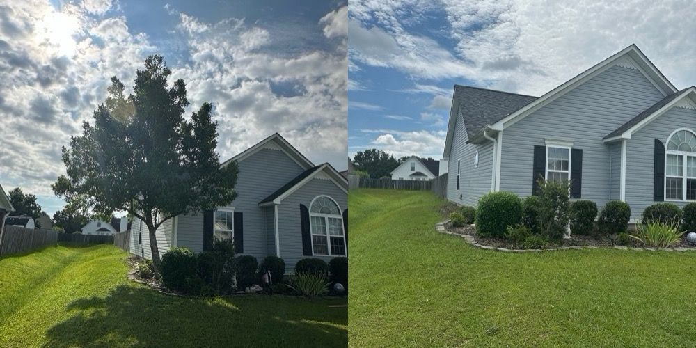 Suburban house exterior with white siding, green lawn, and cloudy sky in a split-view photo
