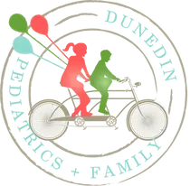 A logo for dunedin pediatrics and family shows a boy and a girl riding a bike.