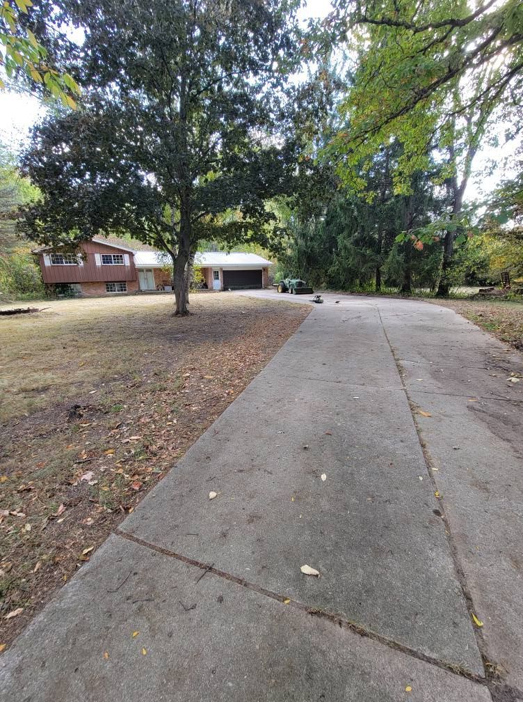 Concrete driveway curving through a tree-lined yard toward a house and garage on a cloudy day