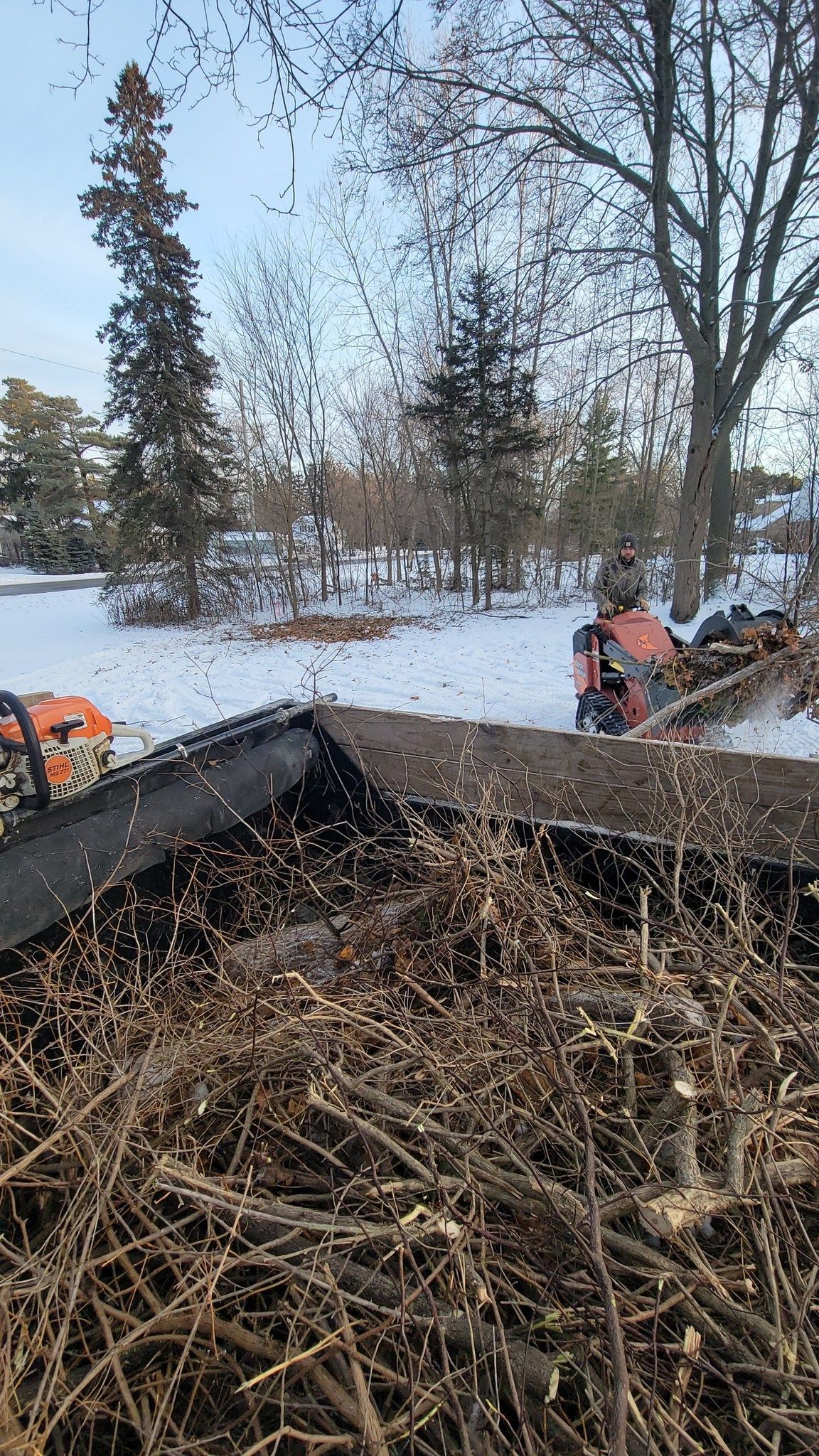 Snowy yard with a large wood chip pile, leafless trees, and a person standing near equipment.