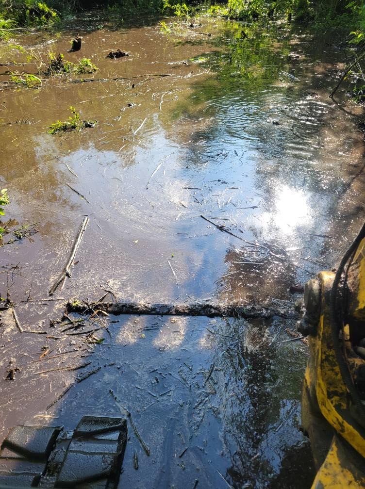 Flooded muddy ground with a reflective puddle and debris, surrounded by greenery and a hose on the right.