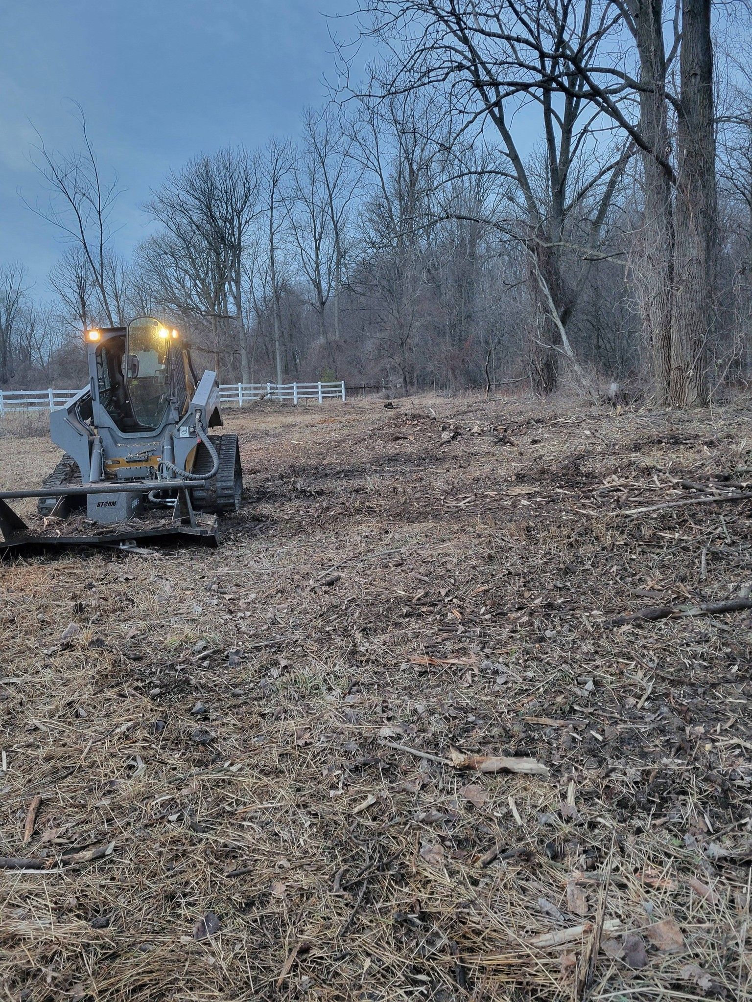 Small bulldozer clearing a leaf-covered path beside bare trees at dusk