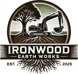 Ironwood Earth Works logo with tree and excavator over exposed roots, in brown and cream.